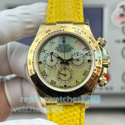 Swiss Replica Rolex Beach Daytona Gold Case MOP Dial Yellow Leather Strap Watch 